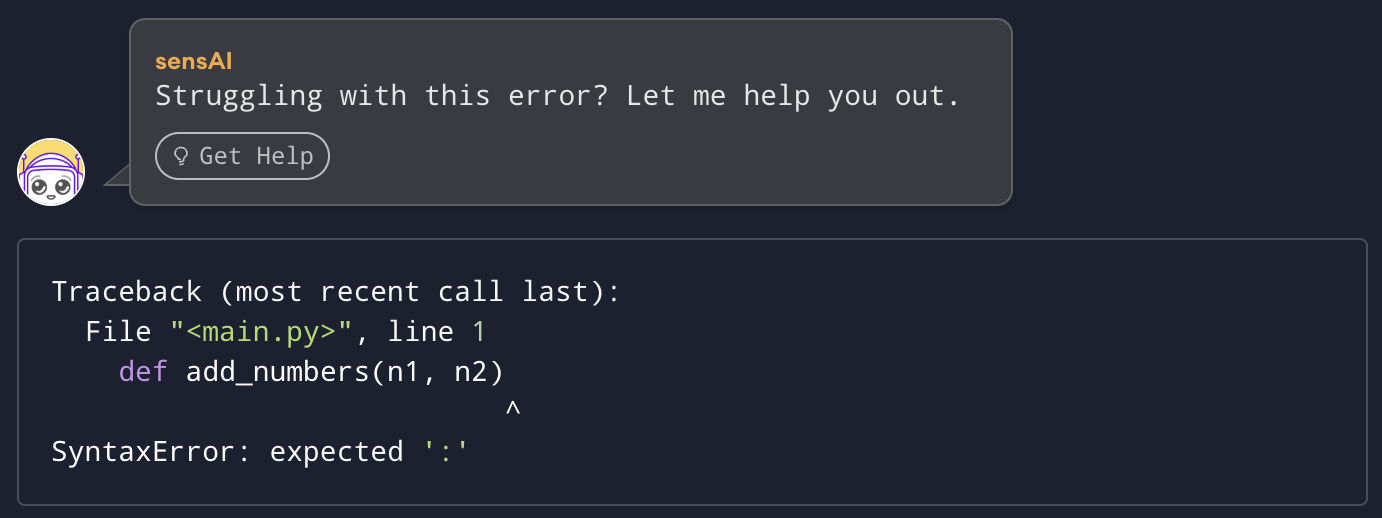 Code error message