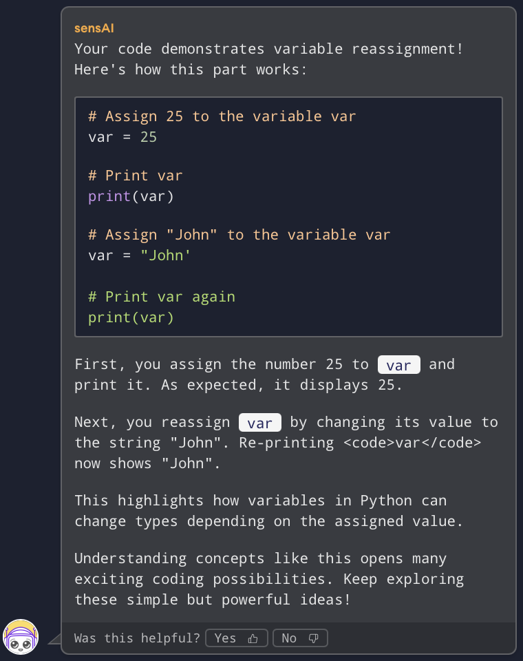 sensAI's code explanation